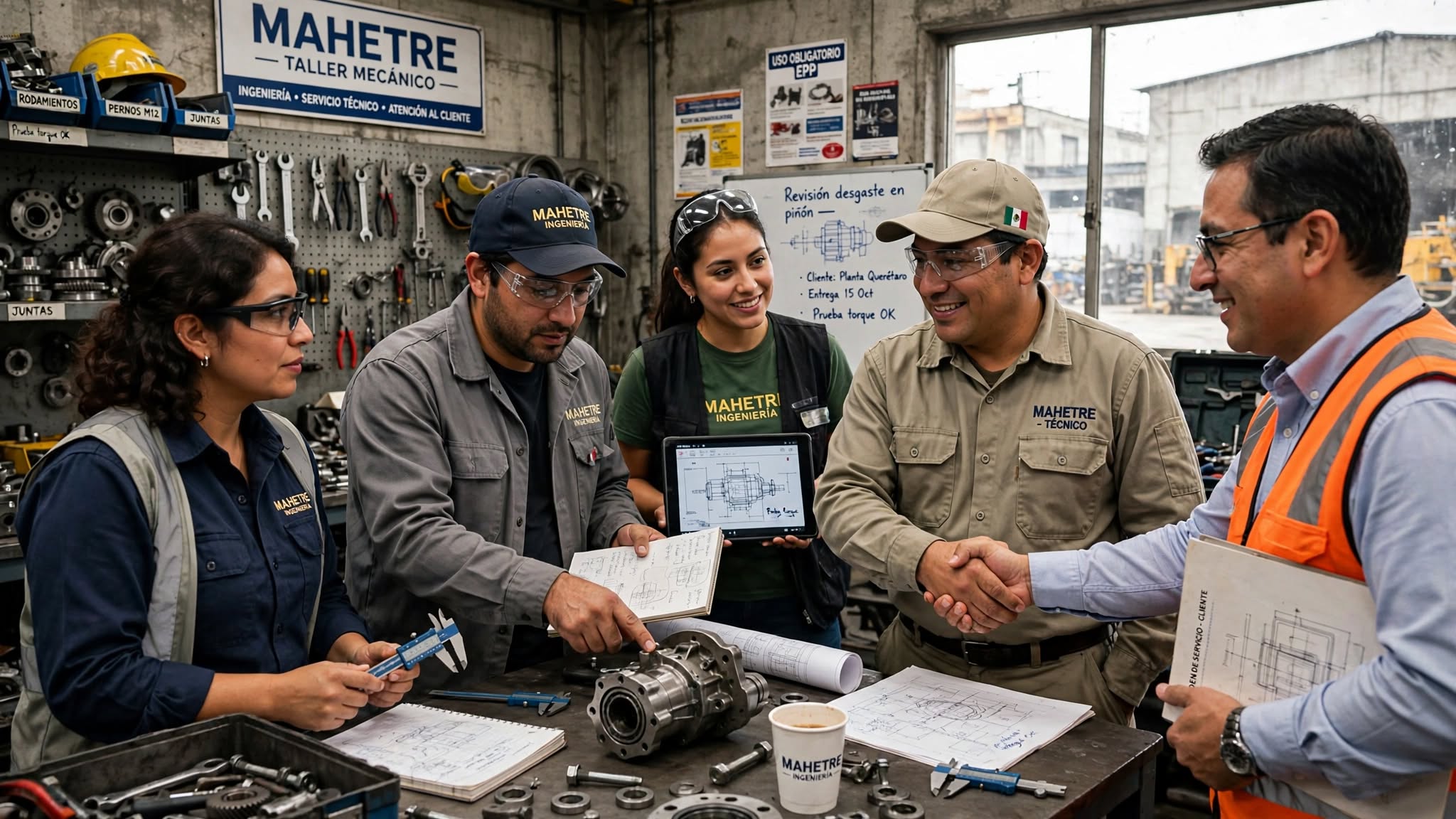 Equipo de ingeniería y atención técnica revisando un proyecto industrial